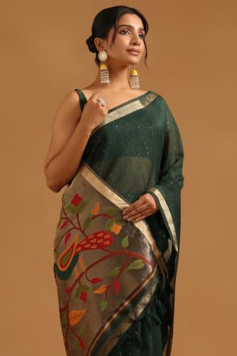 Soch Womens Green Tissue Woven Design Saree With Sequin