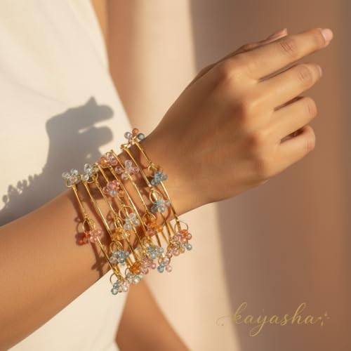 KAYASHA Women's Golden Stylish Alloy Metal Chudi Bangle Set with Ghungroo Work for Women & Girls | Traditional Bracelet Jewelry | Kangan for Wedding, Festival, Party - Set of 8