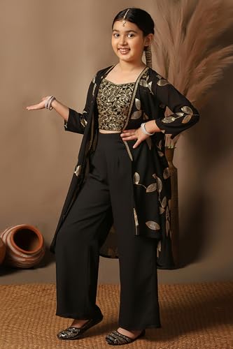 Fashion Dream Girl's Georgette Embroidered Salwar Suit Set|Suit for Girls|Salwar suit for kids|Ethnic Wear|Indo Western Set (FDGSET00504 BLK 40_Black_13-14 Years)
