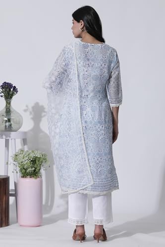 W for Woman White & Blue Floral Printed Kota Kurta, Pants and Brasso Dupatta_24ONWS10519-123919_M