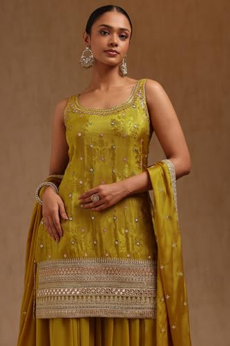 Soch Womens Mustard Tissue Embroidered Suit Set With Mirror Work