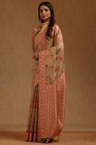 Soch Womens Beige Chanderi Floral Zari Woven Saree