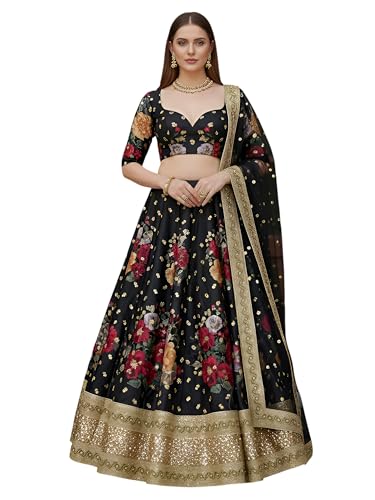 Zeel Clothing Women's Floral Print, Zari and Sequins Embroidered Work Banglori Silk Semi-Stitched Lehenga Choli With Dupatta (7508-Black-Wedding-Lehenga-Choli, Free size) (Black)