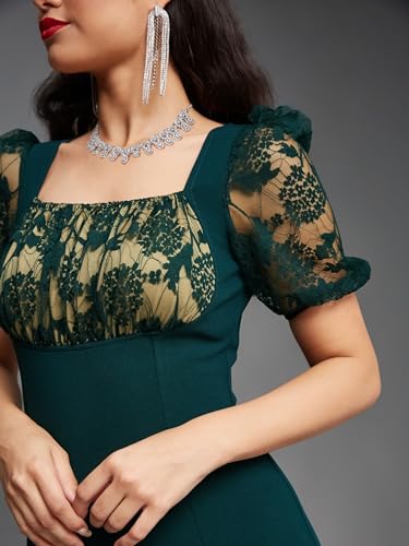 Miss Chase Women's Square Puff Sleeve Solid Lace Overlaid Ankle Length Dress (Plus (MCSS22D13-48-42-03, Dark Green, S)