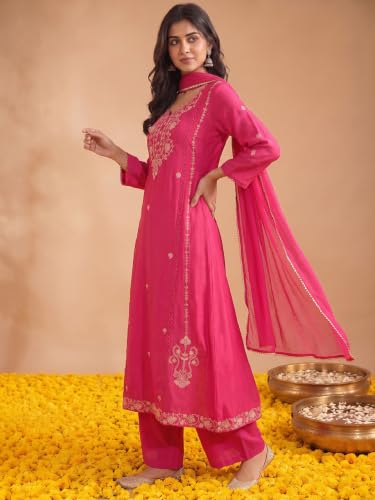 Varanga women's pink mul chanderi kurta set with chiffon dupatta