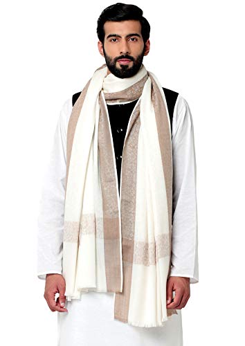 Weavers Villa Men's Woven Border Pure Wool White Lohi/Woollen Shawl, 125cm x 250cm