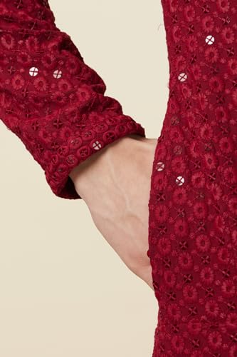 Manyavar Mens Maroon Viscose Embroidered Kurtas