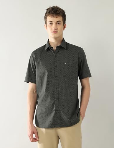 Arrow Sports Men's Geometric Regular Fit Shirt (ASAJSH1738_Olive