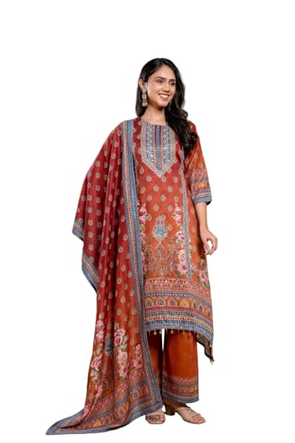 NIVANA Embroidered & Printed Asymmetric Kurta with Palazzo & Printed Dupatta| S | Rust | Paisley & Floral Print | 3 Piece Ethnic Set