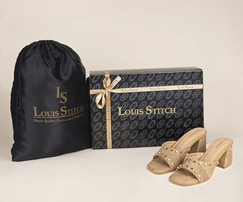 LOUIS STITCH Women’s Fashion Slip-On Block Heel Sandals | Open Toe Beige Stylish Mules Heel Sandal for Ladies, Fashionable and Comfortable Sandal (LSOF-LDBH-MUBD) (UK-3)