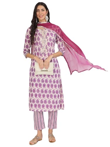 Divena Purple Floral Print Cotton Kurta pant with Dupatta set for women