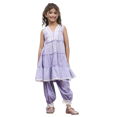 BIBA Girl's Purple Cotton Tiered Printed Kurta Salwar Set