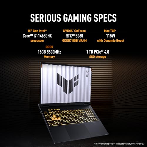ASUS TUF F16, 14th Gen,Intel Core i7 14650HX,RTX 5060-8GB,16GB,1TB,FHD+,16",165Hz,90WHrs,Windows 11,M365 Basic (1Year)*,Office 2024,Jaeger Gray,2.2 Kg, FX608JMR-RV049WS, Gaming Laptop