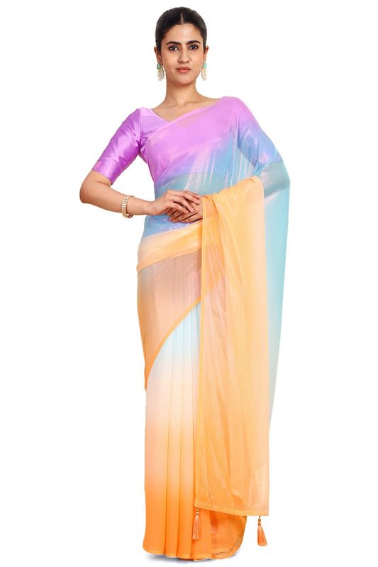 Soch Womens Lavender Chiffon Ombre Print Saree With Tassels