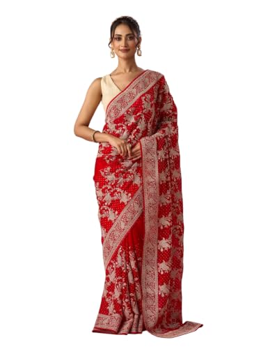 MOHEY Women's Red Organza Saree with Stone Work with Blouse Piece (Red)