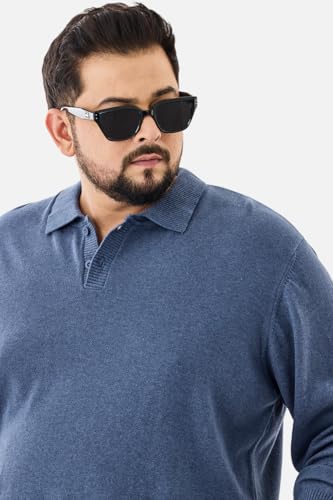 SNITCH Men Polo Plus Size Tshirt | Full Sleeve with Ribbed Cuffs | 100% Cotton Fabric | Solid Pattern & Minimalist Design | Casual Wear for Everyday Comfort | Blue