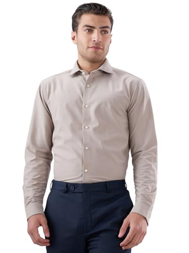 Raymond Men Regular Fit Knitted Pattern Pure Polyester Semi Cutaway Collar Full Sleeve Tail Bottom Hem Formal Shirt Dark Fawn