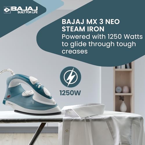 Bajaj MX 3 Neo Steam Iron | 1250 Watts Power For Faster Ironing | Vertical & Horizontal Ironing | Spray Function | Anti-Bacterial & Non-Stick Soleplate Coating | 2-Yr Warranty By Bajaj 【Blue】