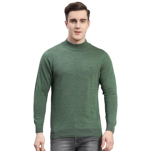 Monte Carlo Mens Green Solid Turtle Neck Full Sleeve Wool Casual Sweater | Warm Woolen Pullover for Men | Soft Comfortable Knitted Winter Wear Sweater for Men's