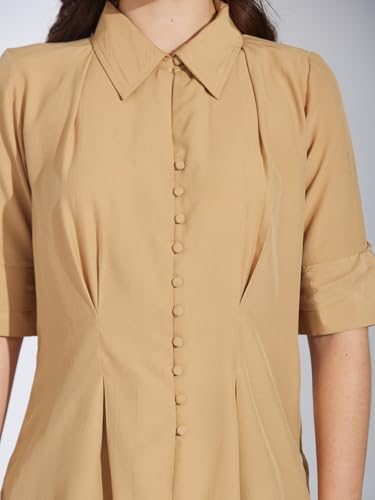Latin Quarters Women's Beige Half Sleeves Collared Solid Casual Shirt_L