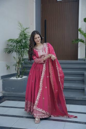 Women Most Beautiful Shimmer Silk Gown with Dupatta Long Dress, Latest Silk Long Anarkali Gown Set for Girls and Woman (in, Alpha, L, Regular, Women, Pink)