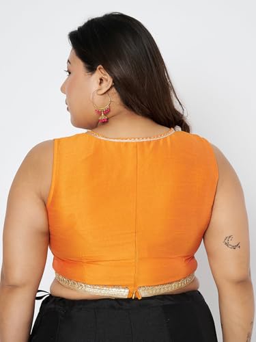 studio rasa Women's Plus Size Silk Blend Embellished Readymade Saree Blouse for Festive Wedding Party (TPWPC225BL02XXL_Orange_2XL)