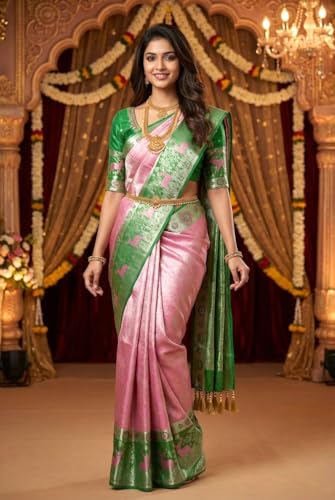 VFCollections Women's Traditional Handloom Kanchipuram Silk Pure Pattu Sarees | Rich Zari Woven Design | Bridal Saree | Unstitched Blouse (VFC723-8)