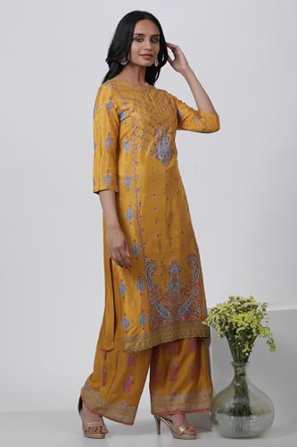 W for Woman Glitter Printed Shantung Straight Kurta And Pants Set