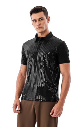 SNITCH Men's Polo T-Shirt | Metallic Dotted Design with Buttoned Closure | Nylon Blend Fabric for Comfort & Stretch | Breathable & Stylish Casual Wear | Black