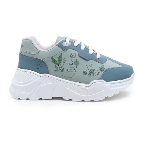 FEMME Women's Sneakers|Lightweight|Water-Resistance|Soft Cushioned|Anti-Skid|Mid-Top|Fashion|Trendy|Party Shoes|Slip-Resistance|Casual Shoes| Running, Gym & Walking|Printed Sneakers|BLUE|UK 7