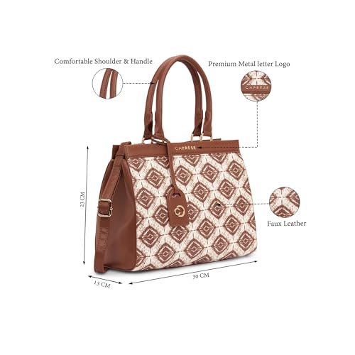 Caprese Shibori Medium Satchel Bag for Women | Printed Faux Leather Shoulder Bag with Adjustable & Detachable Strap | Multi-Compartments | Zipper Closure | Everyday Office, Travel & Casual Use (Brown)