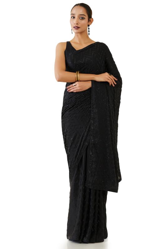 Soch Womens Black Chevron Stone Embellished Crepe Saree