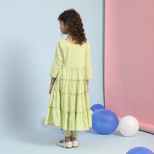 BIBA Girls Pastel Green Tiered Cotton Solid Kurta suit set