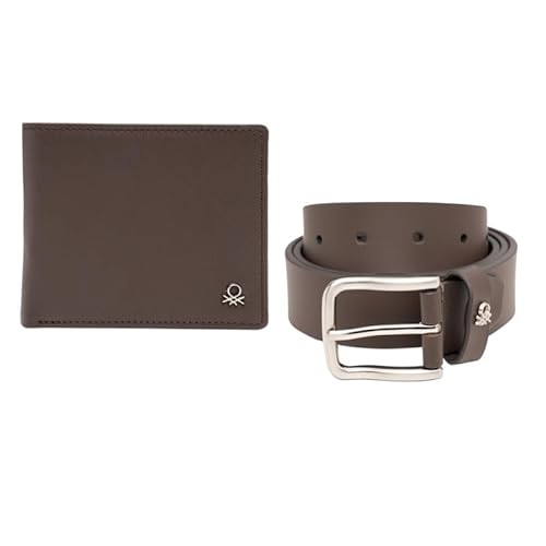 United Colors of Benetton Matera Men's 2-In-1 Leather Gift Set - Brown Non-Reversible Belt & Global Coin Wallet | Formal Essentials | Ideal For Gifting
