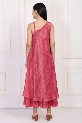 W for Woman Pink Sequin Zari Embellished Flared Tissue Dress - (W13233-126427-S)