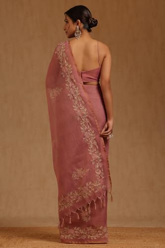 Soch Womens Blush Pink Linen Floral Printed Saree With Zari