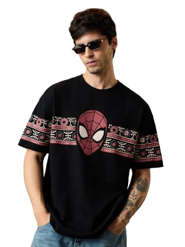 The Souled Store Spider-Man: Great Desi Power Men and Boys Short Sleeves Round Neck Black Graphic Printed Casual Lightweight Drop Shoulder Streetwear Trendy Oversized T-Shirt