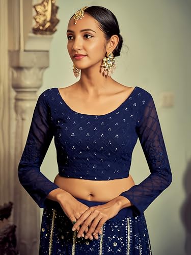 Zeel Clothing Women's Sequins Thread Embroidered Georgette Lehenga Choli With Dupatta (6005-Navy-Blue-Women-Lehenga-Choli-New; Free Size)(Navy-Blue)