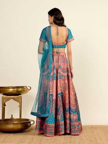 Aarke Ritu Kumar Teal Square Neck Blouse With Lehenga And Dupatta