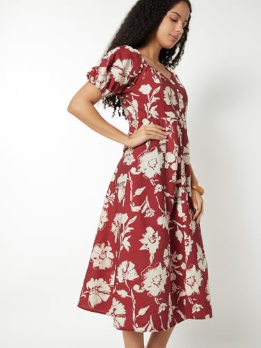 Max Women Floral Print A-line Midi Dress(Red_L)