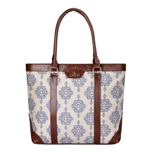 THE CLOWNFISH Miranda Series 15.6 inch Laptop Bag For Women Printed Handicraft Fabric & Faux Leather Office Bag Briefcase Hand Messenger bag Tote Shoulder Bag (Off White)
