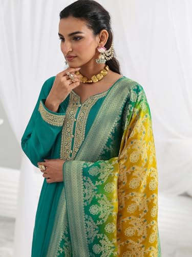 Libas Embroidered Silk Blend A-Line Ethnic Dress with Dupatta-93606XL Green