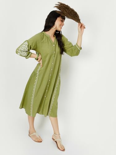 Max Women Embroidered A-line Dress (QRBG34008GREEN)_S