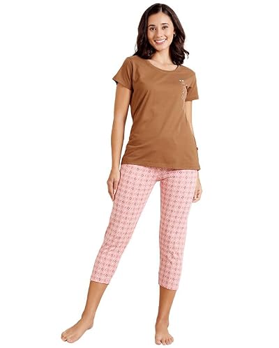 BODYCARE Women's Cotton Printed T-Shirt and Capri Set | Soft & Breathable Nightwear | Short Sleeves | Loungewear Co-Ord Set| BSCS16023_85 Multicolour
