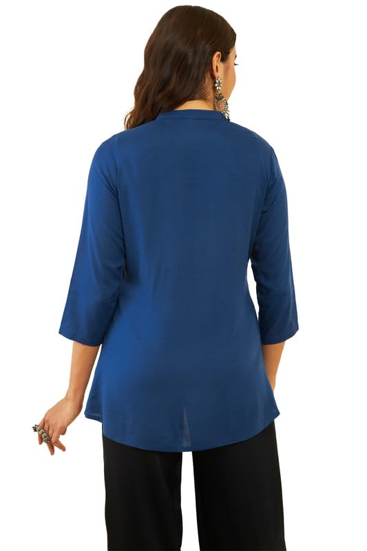 Soch Womens Teal Rayon Floral Embroidered Yoke A-line Tunic