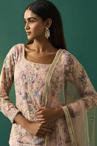 Wishful Women's Pink Floral Embroidered Straight Kurta with Sharara and Dupatta Set - (SP11501-401092-M)