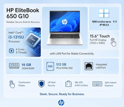 HP EliteBook 650 G10 (2026), Intel Core i3 13th Gen 1315U, (16GB/512GB SSD/Intel UHD Graphics/Windows 11 Pro) Business Laptop/Backlit+FingerPrint/15.6" Touch FHD Display/Silver/1.5 Kg/MSO 2024