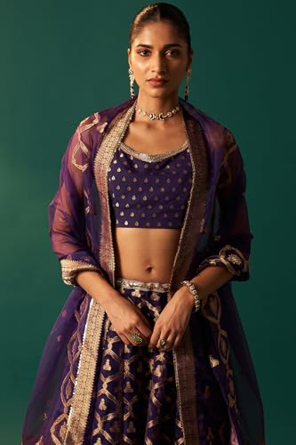 Wishful Women's Purple Zari Embroidered Jacquard Blouse with Flared Skirt and Dupatta Set (SP13158-314521-L)