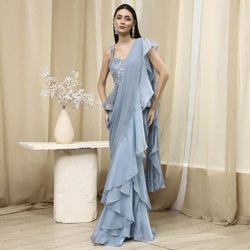 BIBA Women Ice Blue Peplum Pre-Draped Saree_32