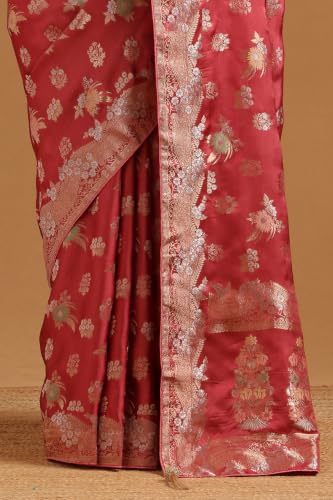 Soch Womens Onion Pink Satin Botanical Zari Woven Saree